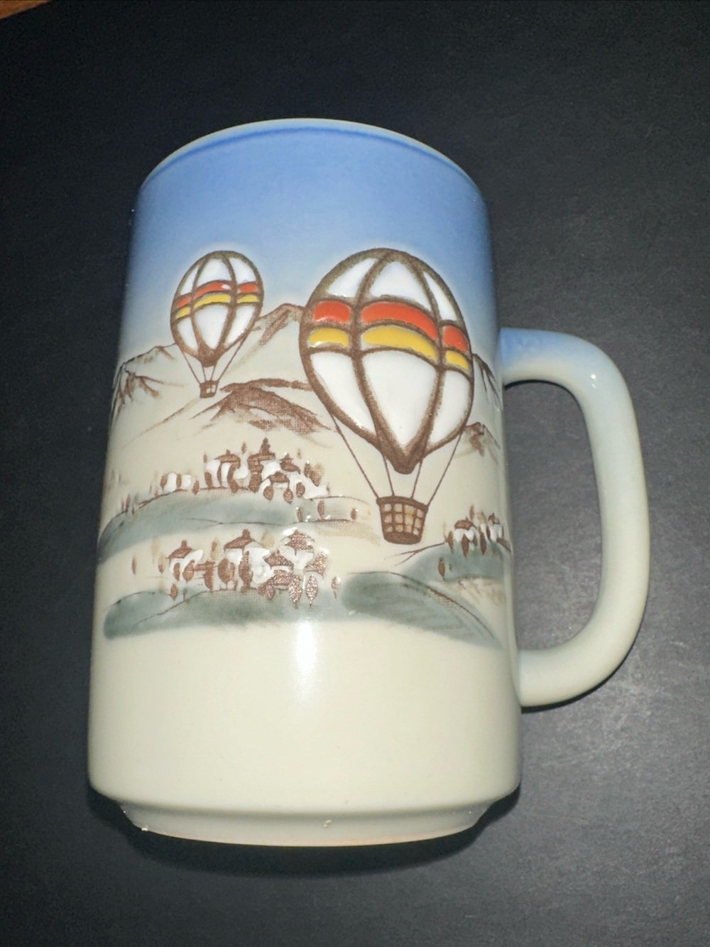 Hot Air Ballon Enthusiasts Vintage Otagari Stoneware Coffee Mug Blue Sky 3D